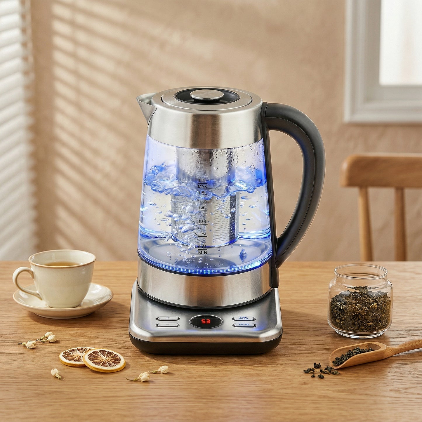 HOMCOM Electric Kettle 1.7L 3000W Fast Boil With Strix Thermostat Tea Infuser 5 Temperature Presets 60-100 C Keep Warm