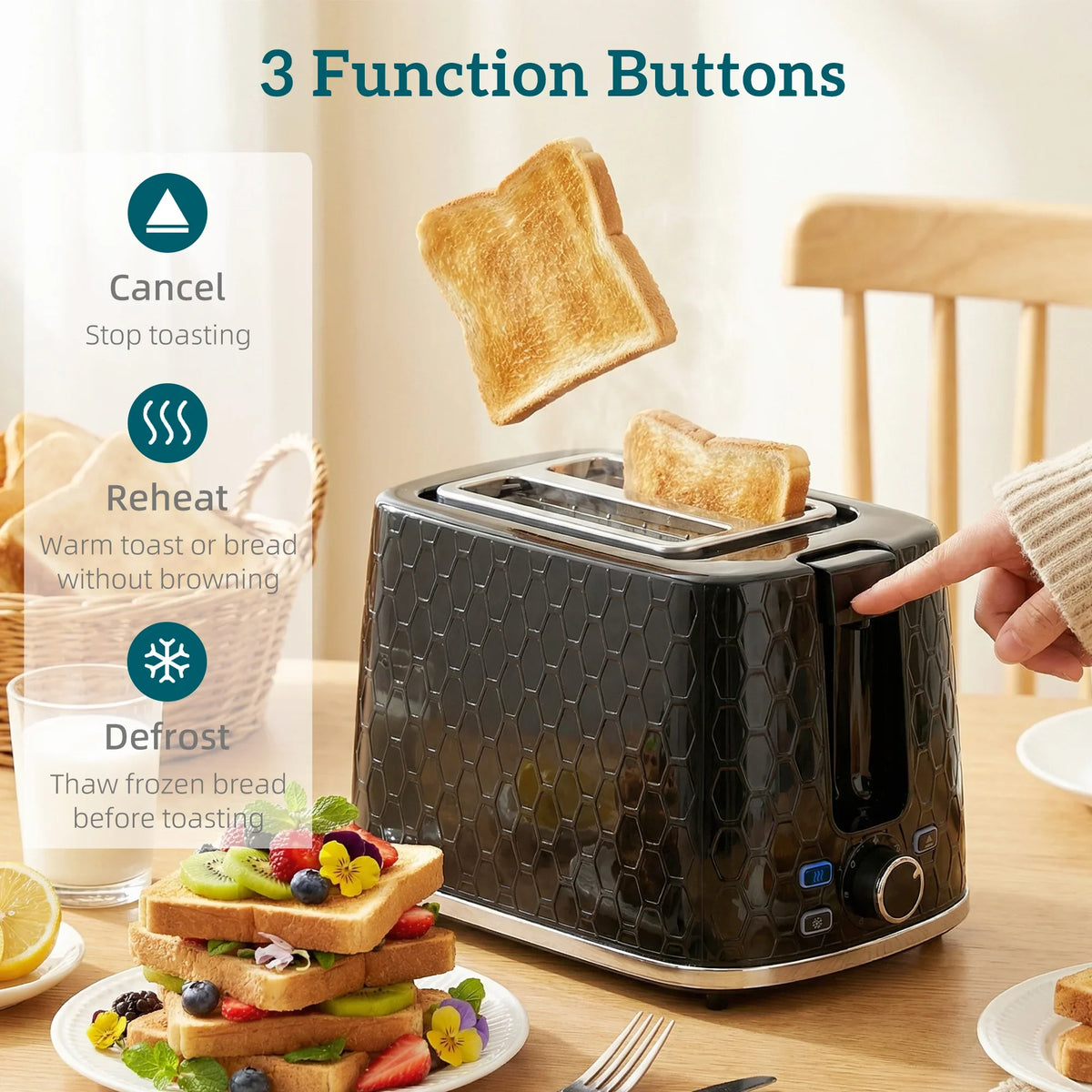 Black 2-slice toaster with three function buttons and bread being reheated