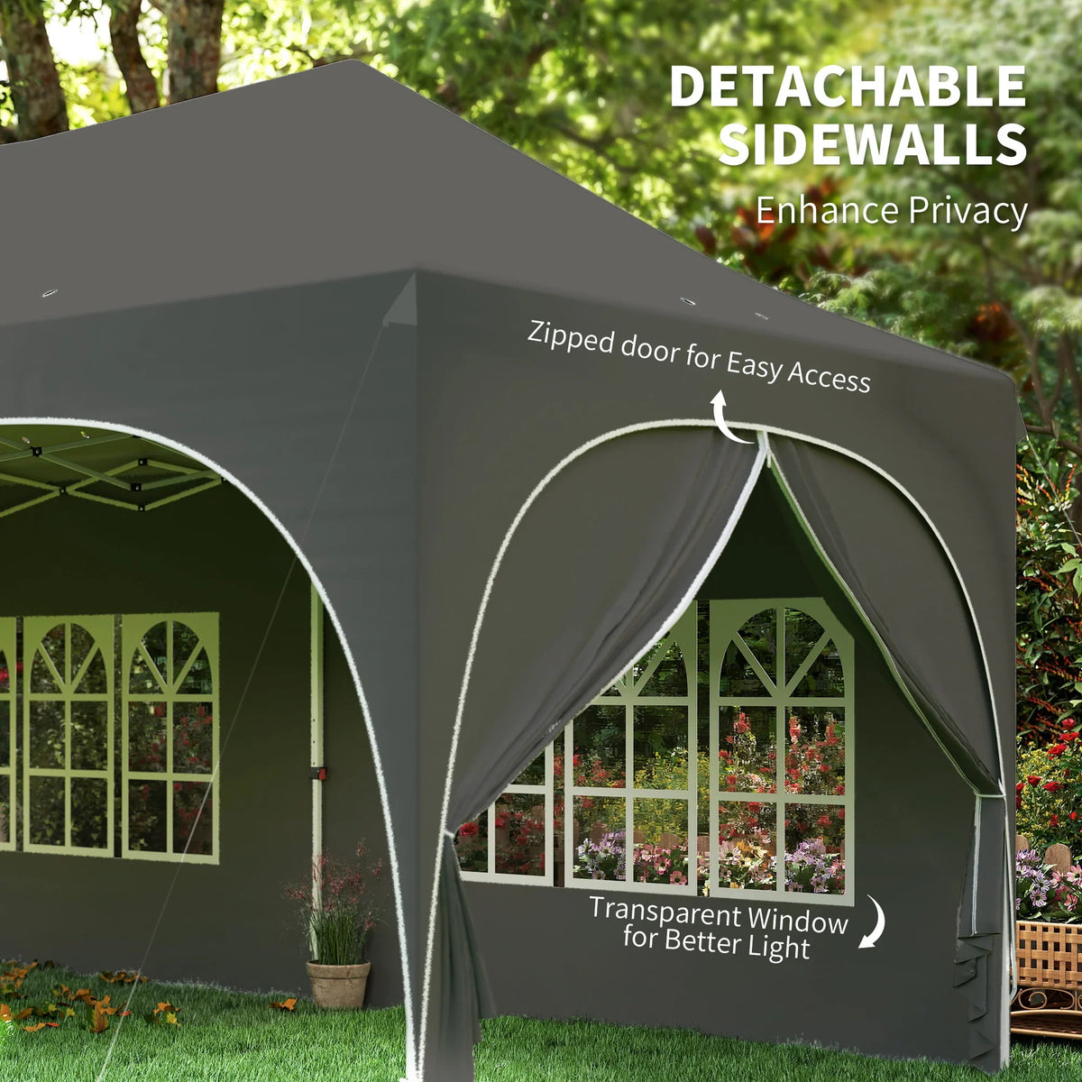 Dark grey gazebo with detachable sidewalls and zippered arched door opening, window panel