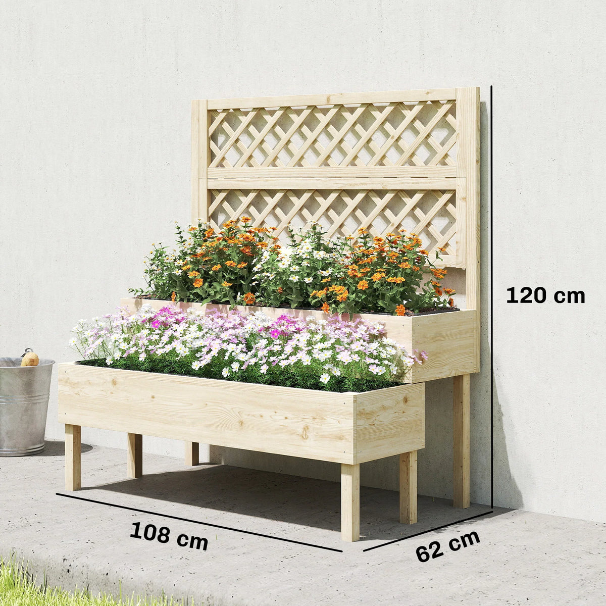 Two-tier raised garden planter with lattice trellis, sized 108 x 62 x 120 cm