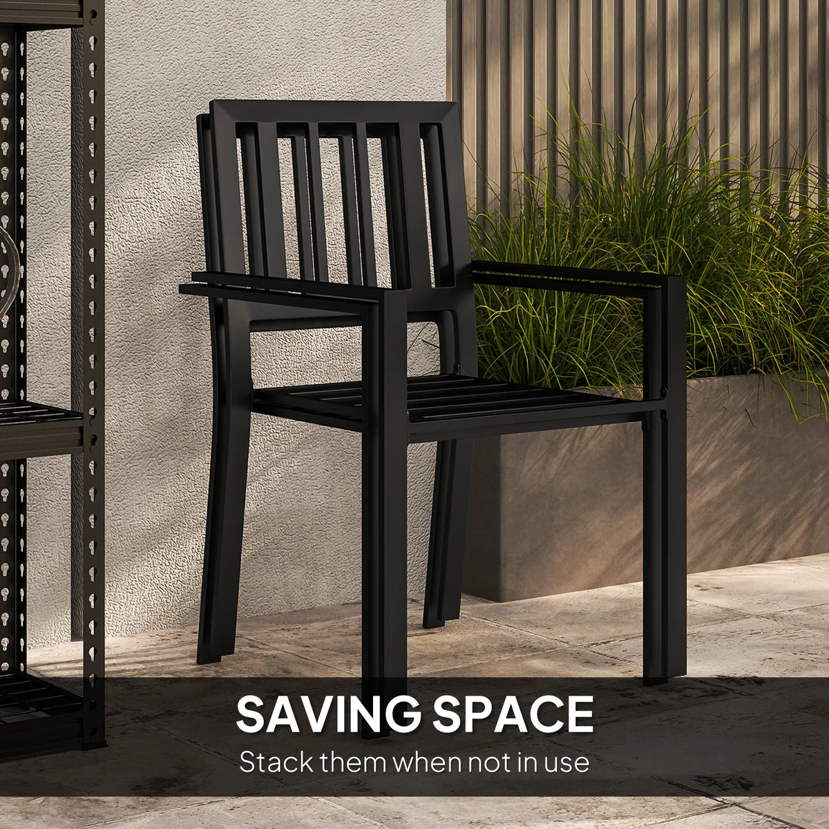 Stackable slatted chair with black metal frame, shown on patio