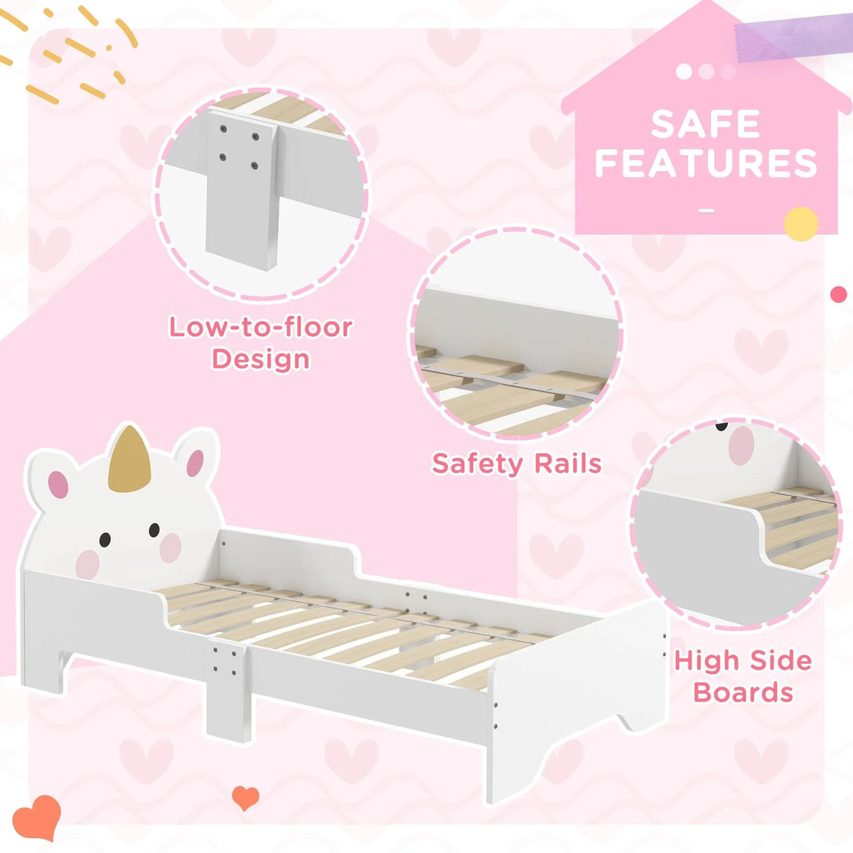 White unicorn toddler bed with safety rails and raised side boards