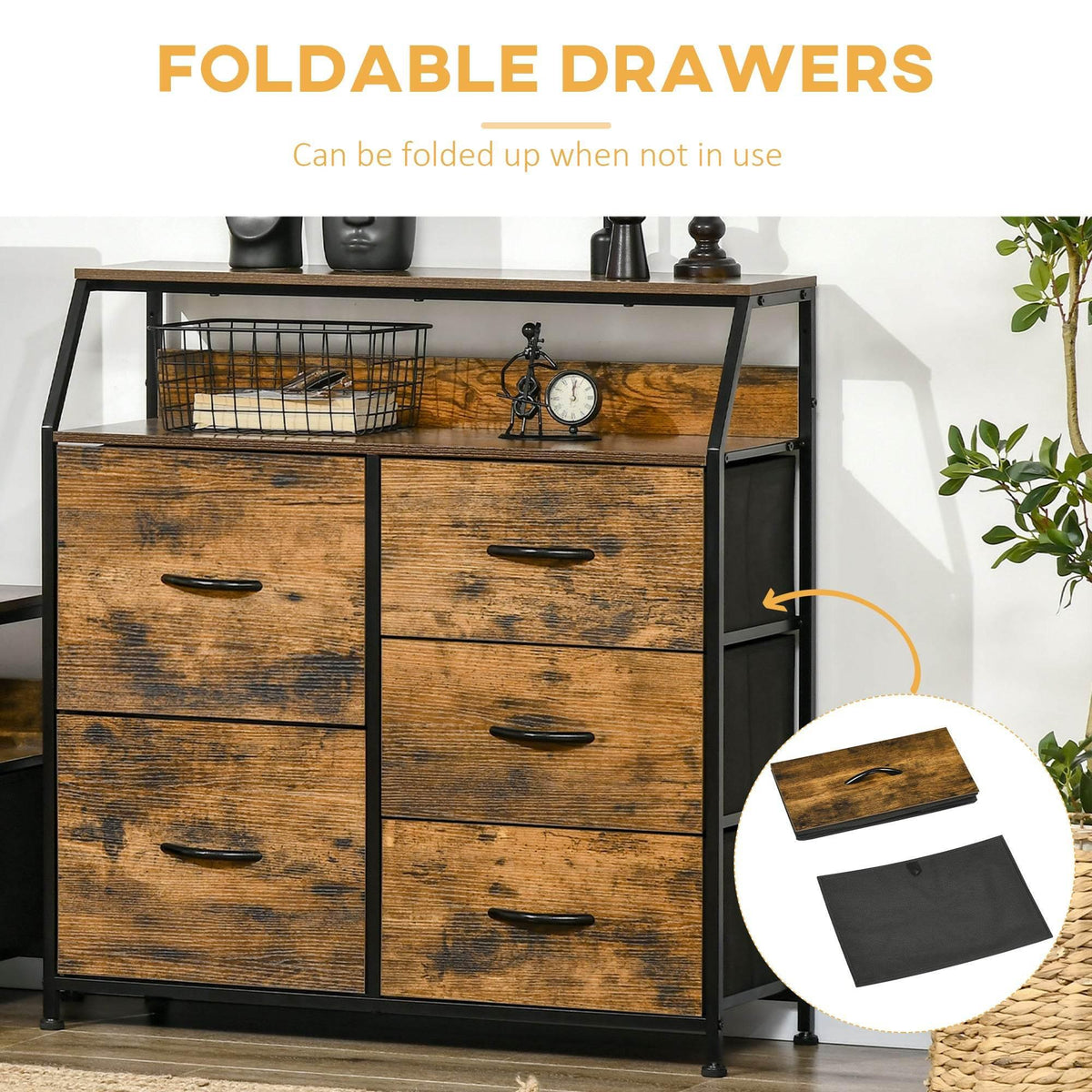 Industrial dresser with open top shelf and four fabric drawers, rustic brown wood-look.