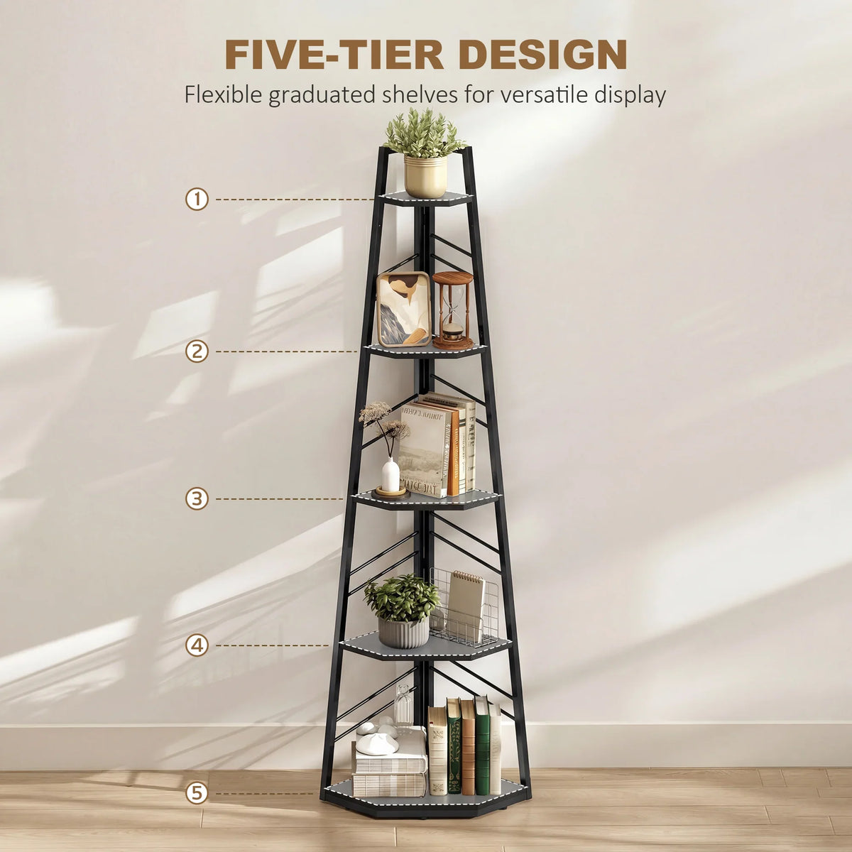 Black 5-tier corner bookshelf with five flexible-looking angled shelves