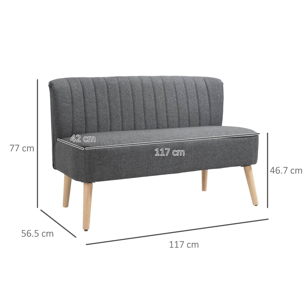 Grey 2-seat sofa with tufted back, padded seat, and light wood legs