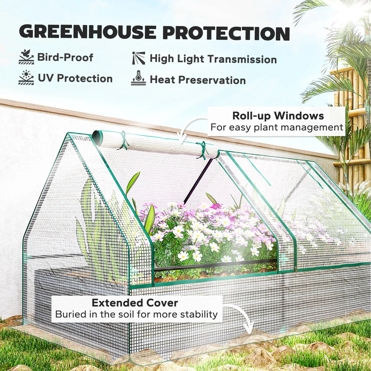 Greenhouse planter box with roll-up window panels and extended cover on dark gray bed