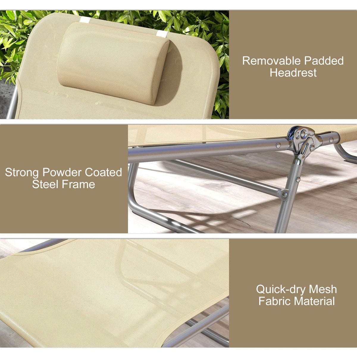 Sun lounger with removable padded headrest, powder-coated steel frame, beige mesh cushion
