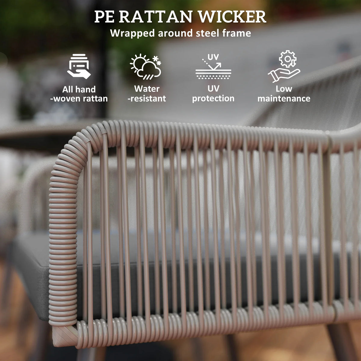 Rattan-style wicker chair with tightly wrapped weave over a steel frame