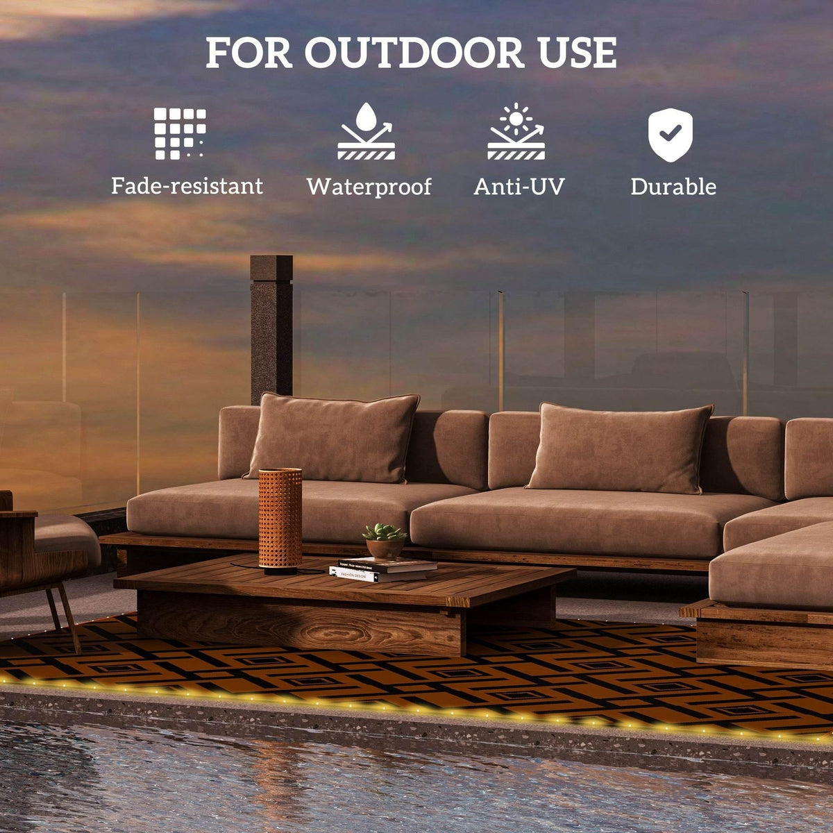 Reversible outdoor rug with LED strip border lights, brown and black geometric pattern