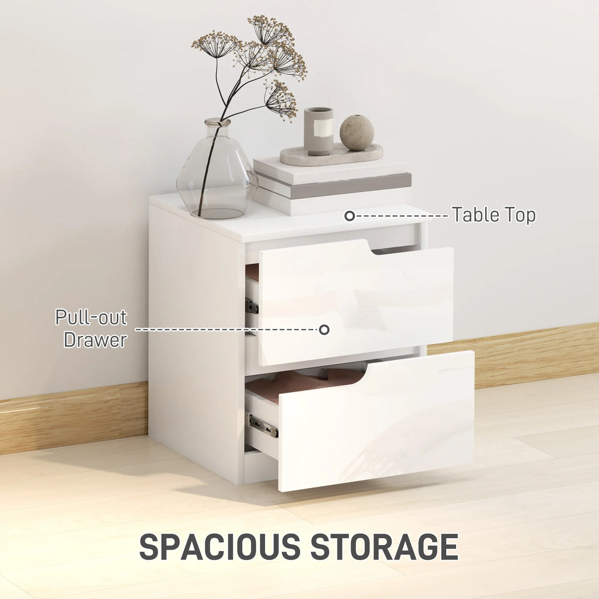 White high-gloss bedside table with pull-out drawer and handleless curved front