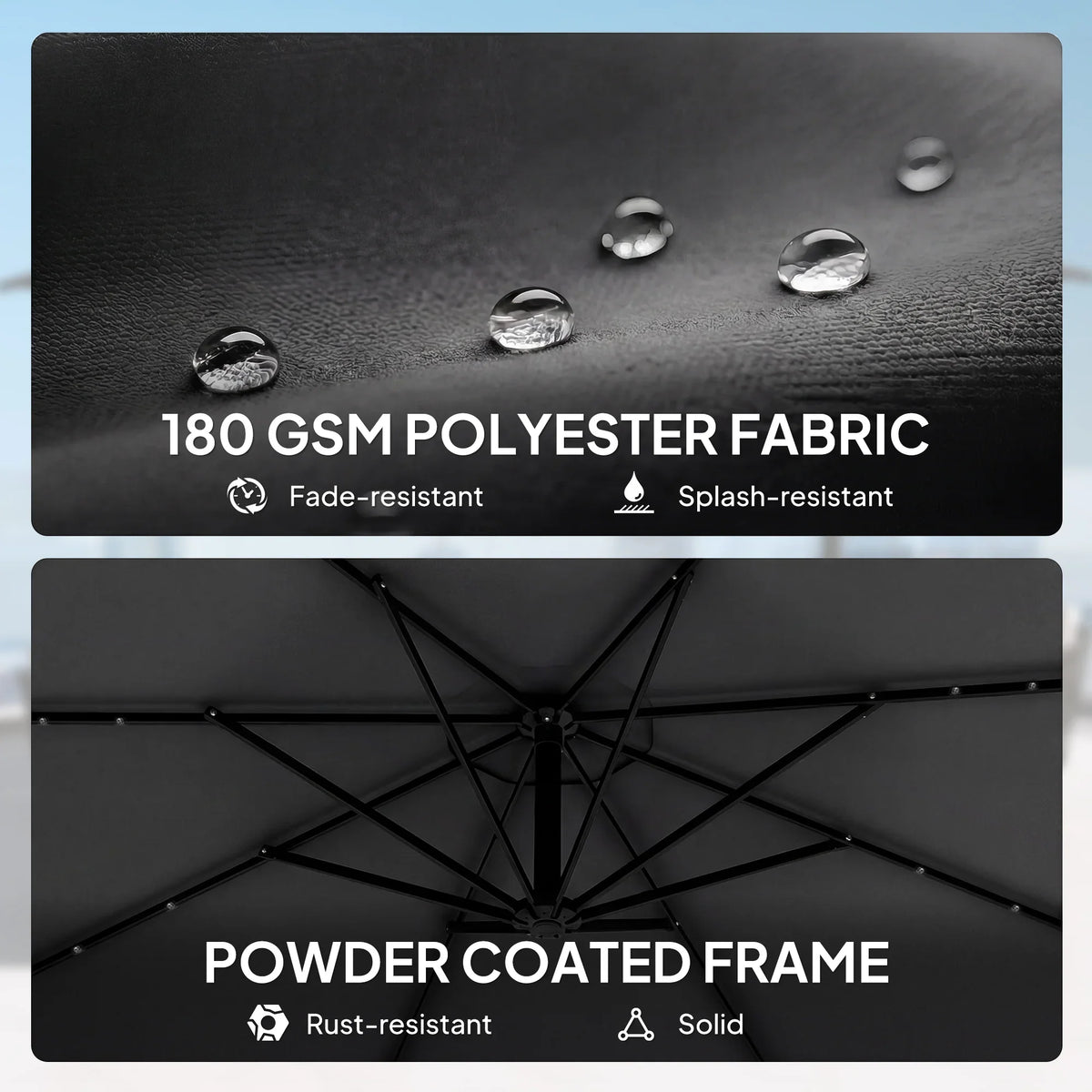 180 GSM polyester fabric and powder-coated frame detail