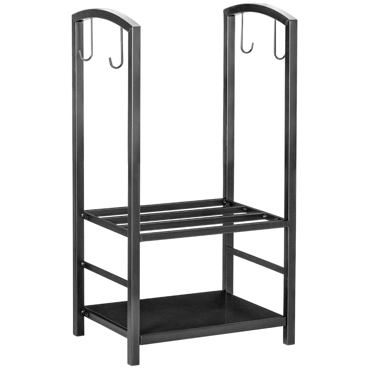 Black steel firewood log rack with two tall side frames and lower storage shelf