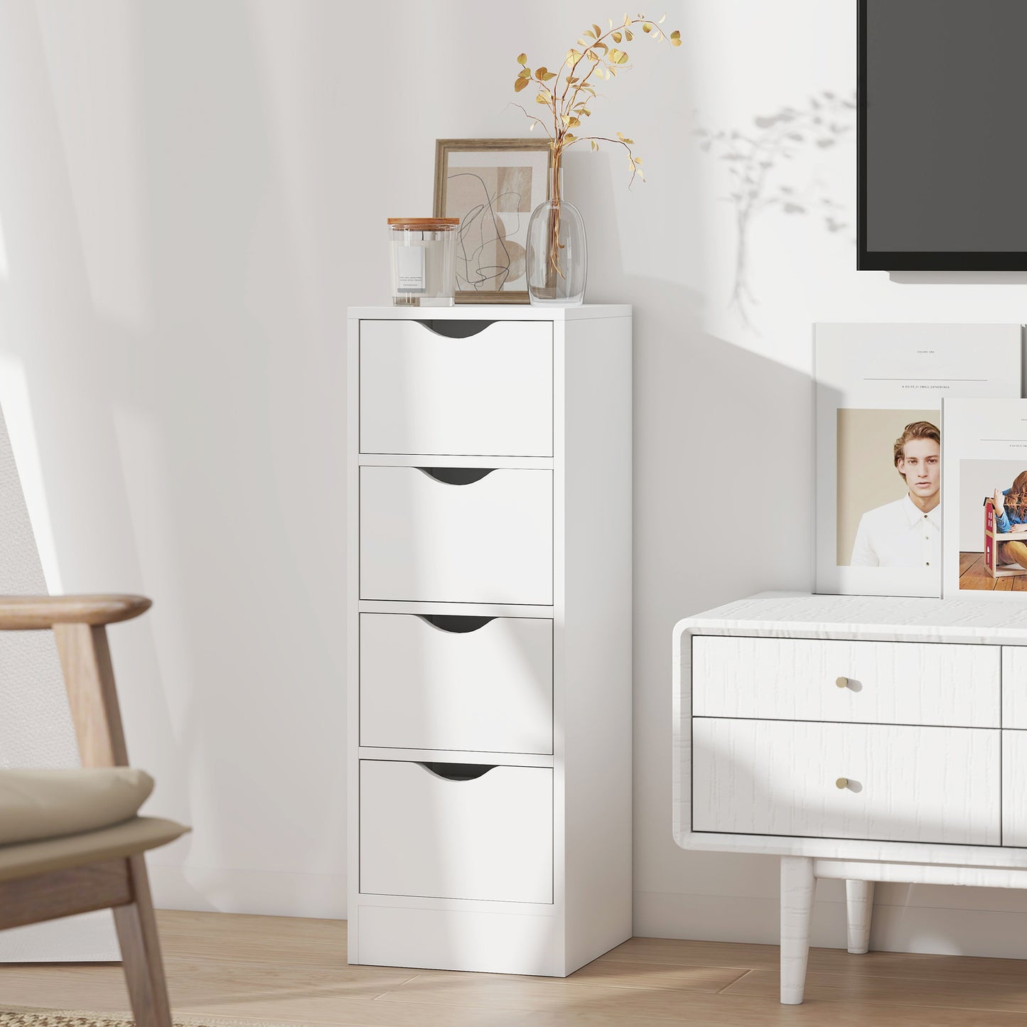 HOMCOM White 4 Drawer Bathroom Cabinet Freestanding Narrow Storage With Groove Handles For Small Spaces Nordic Style