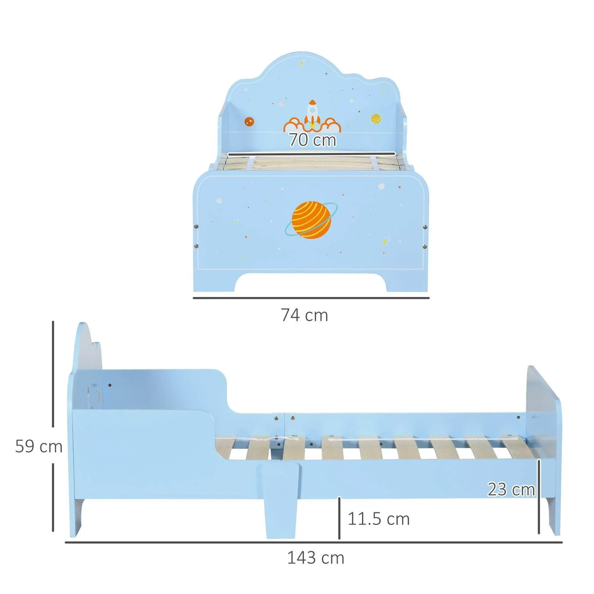 Light blue toddler bed frame with space motifs and labeled dimensions