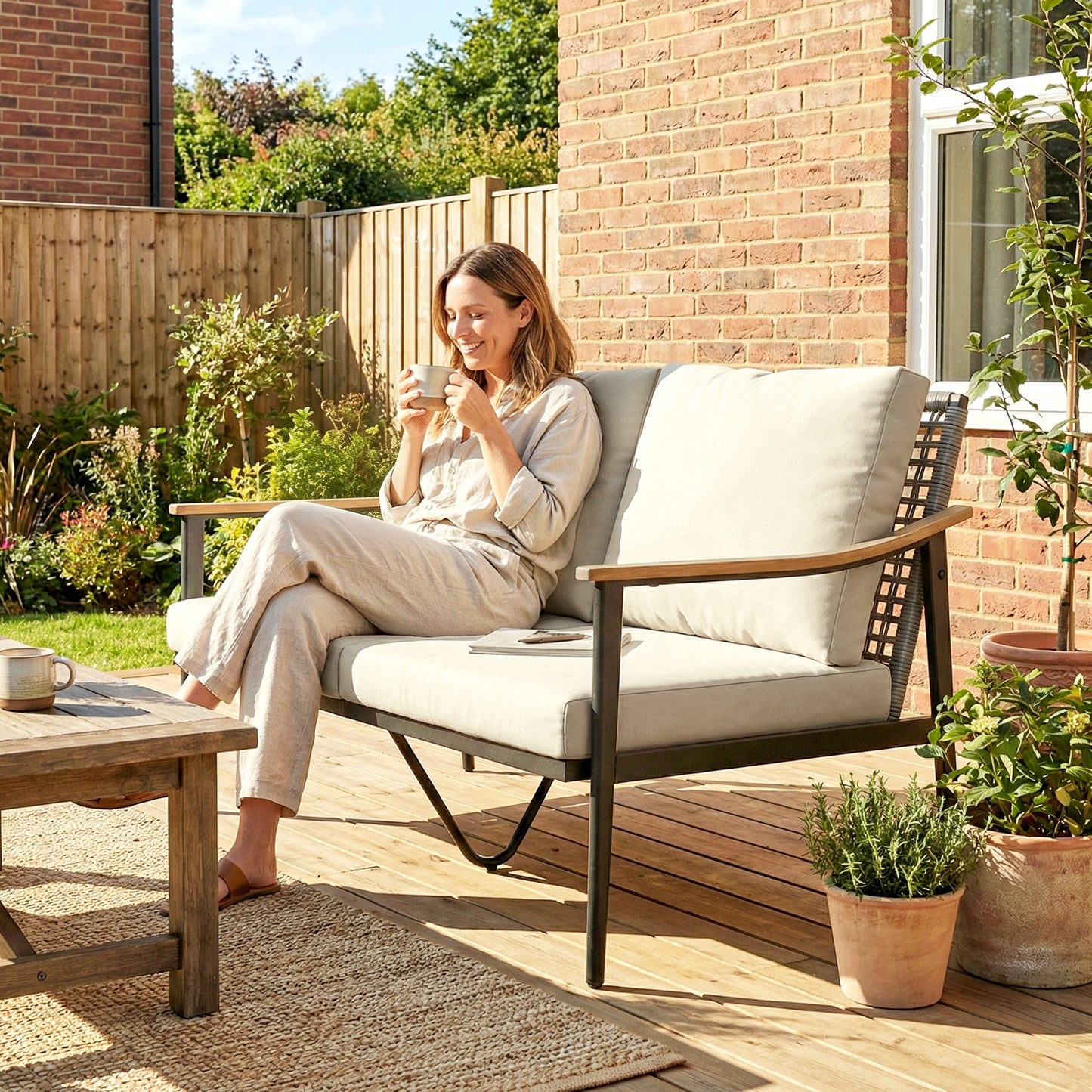 Outsunny 2 Seater Rattan Sofa Outdoor Garden Sofa With Wood Effect Armrests Cushions For Patio Balcony Khaki