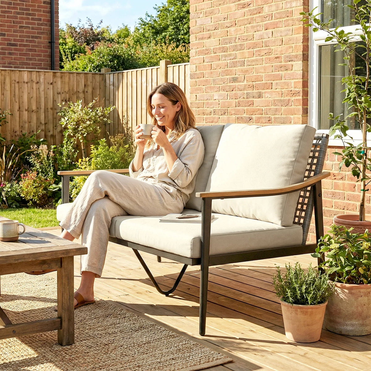Outdoor rattan sofa with beige seat cushion, dark armrests, and slatted backrest