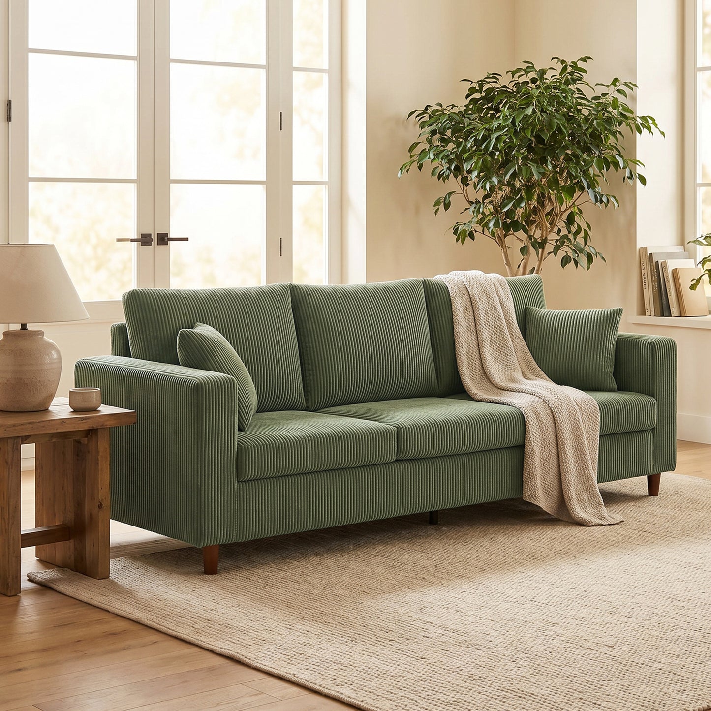 HOMCOM 3 Seater Sofa With Wide Seat Corduroy Fabric Couch Deep Seat Spring Cushion Green