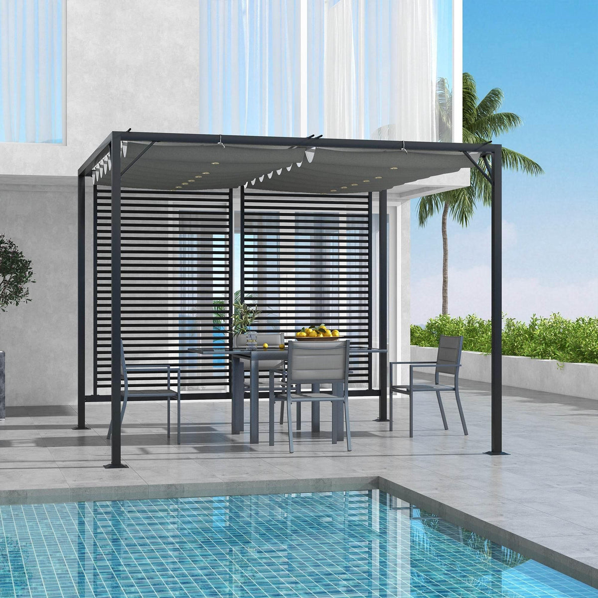 Grey metal pergola with retractable canopy and side louver slat panels for outdoor shade