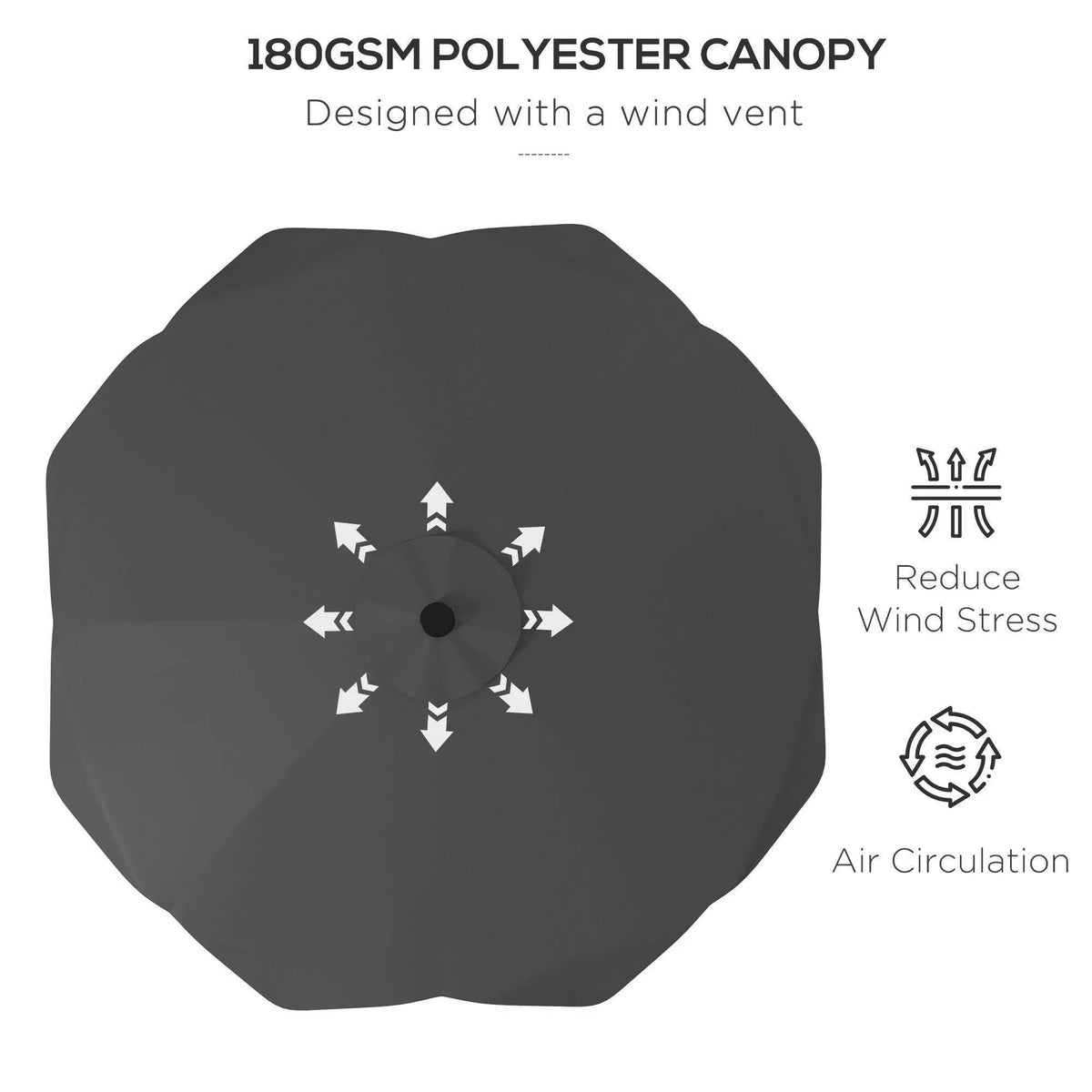 Dark grey polyester umbrella canopy with wind-vent style design