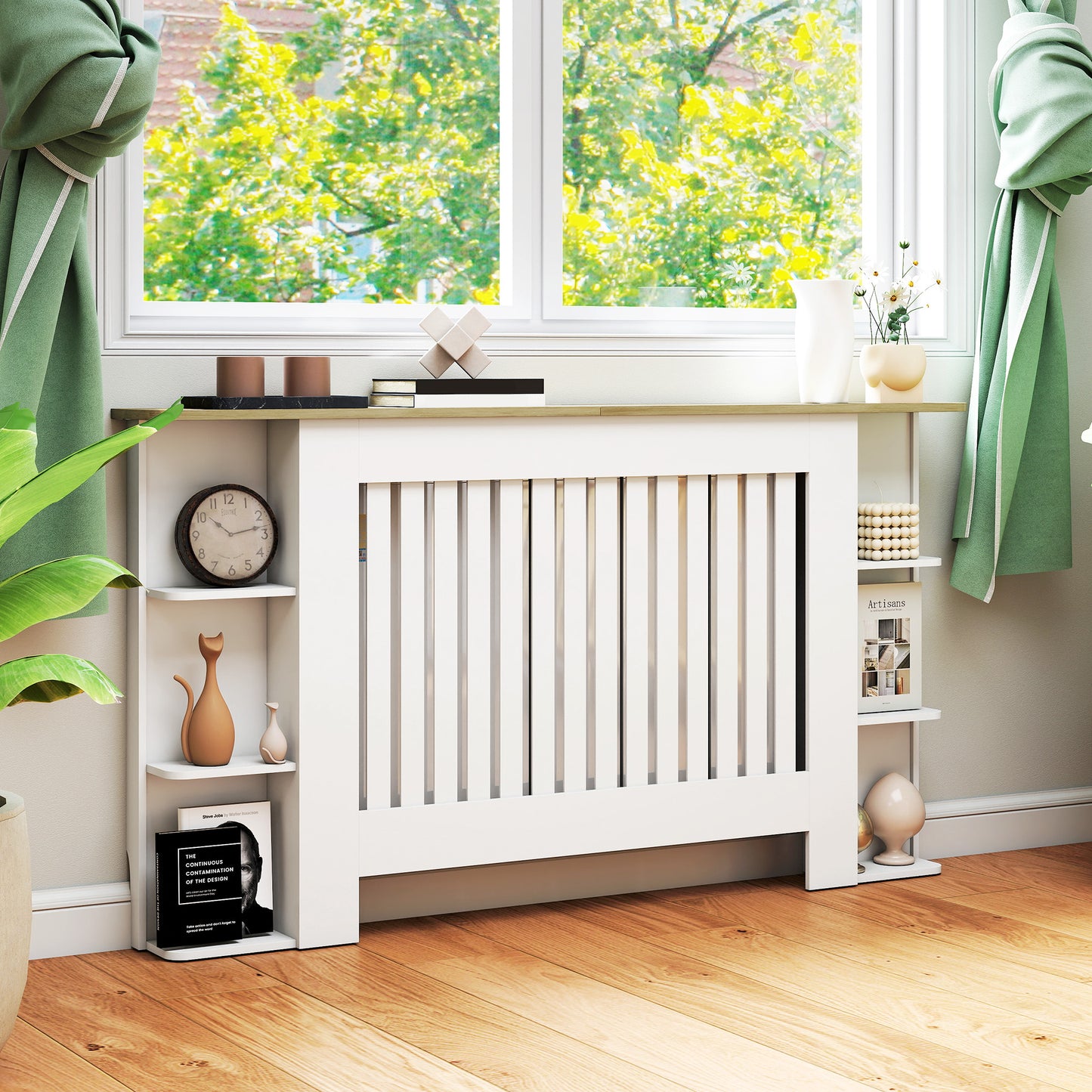 HOMCOM Radiator Cover With Open Storage Shelves Vertical Slatted Cabinet Heater Cover For Living Room Hallway White