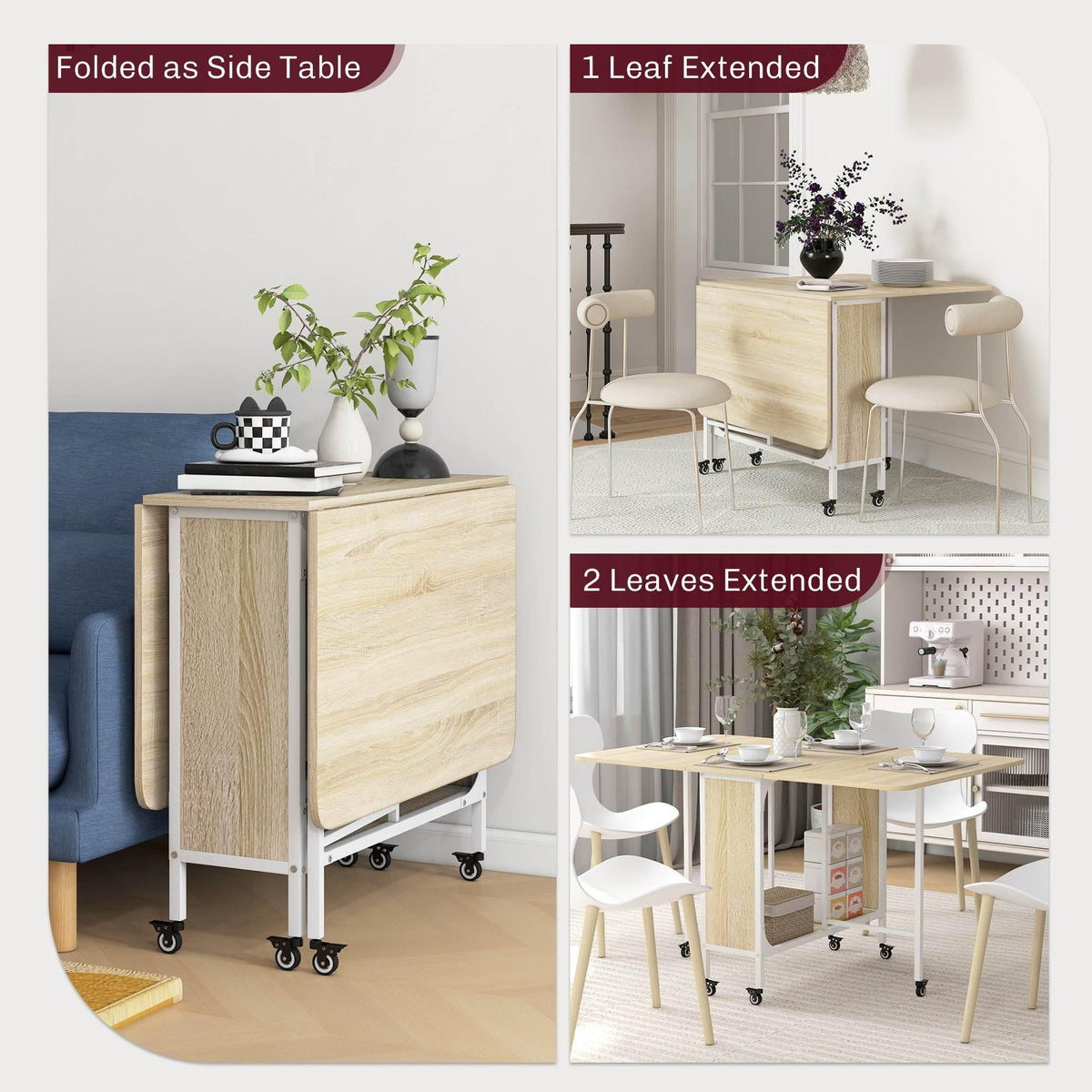 Folding dining table extended with 1–2 leaves, light wood, storage base on wheels.