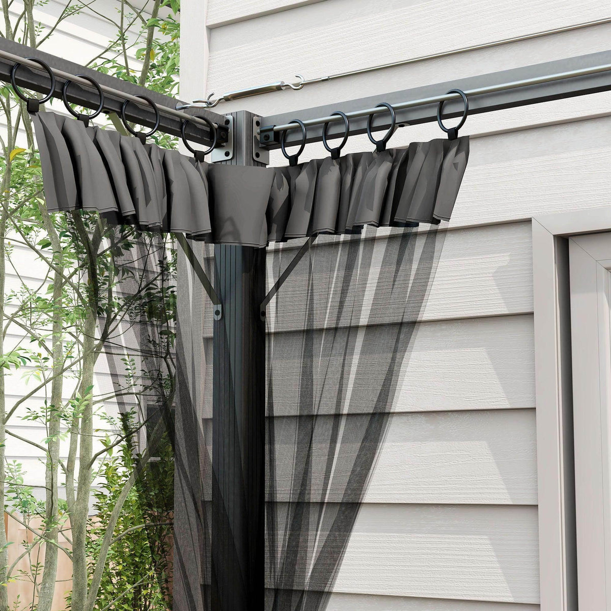 Dark grey retractable pergola top beam with hanging mesh panels and grommets