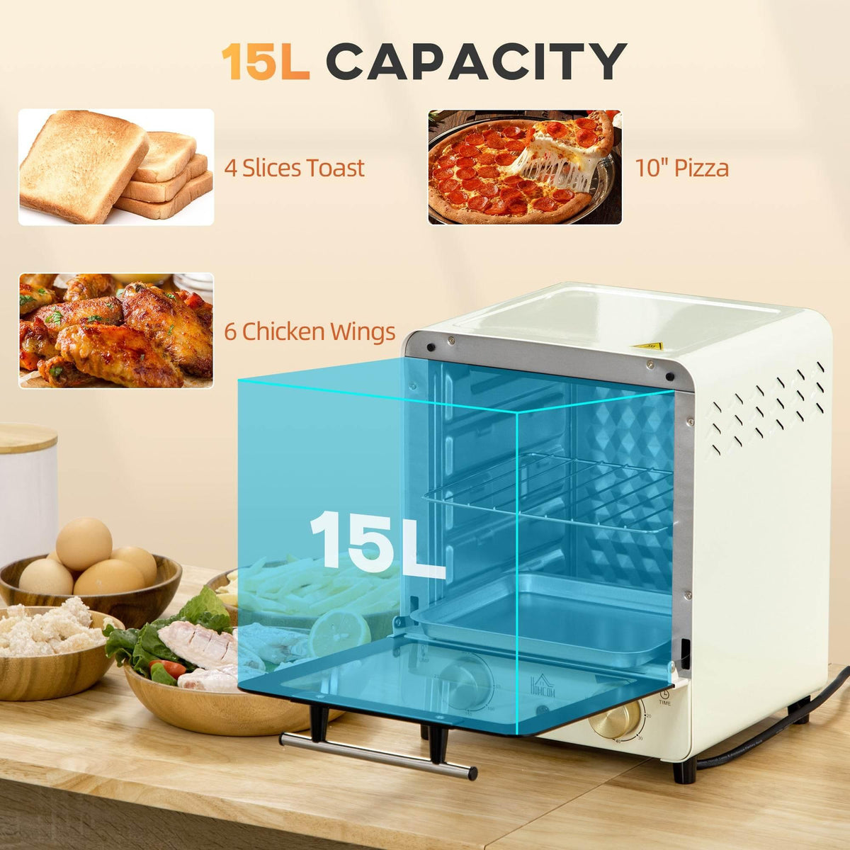 Cream white countertop convection oven with open door and interior rack visible