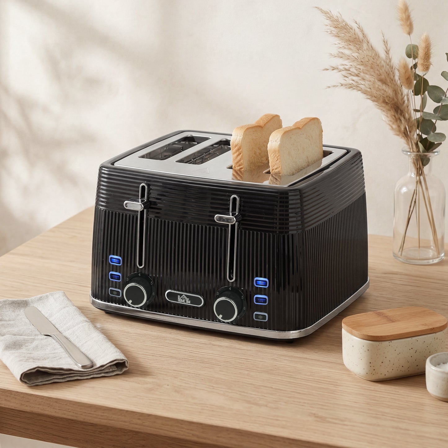 HOMCOM 4 Slice Toaster With 7 Browning Levels Dual Controls Removable Crumb Tray Black