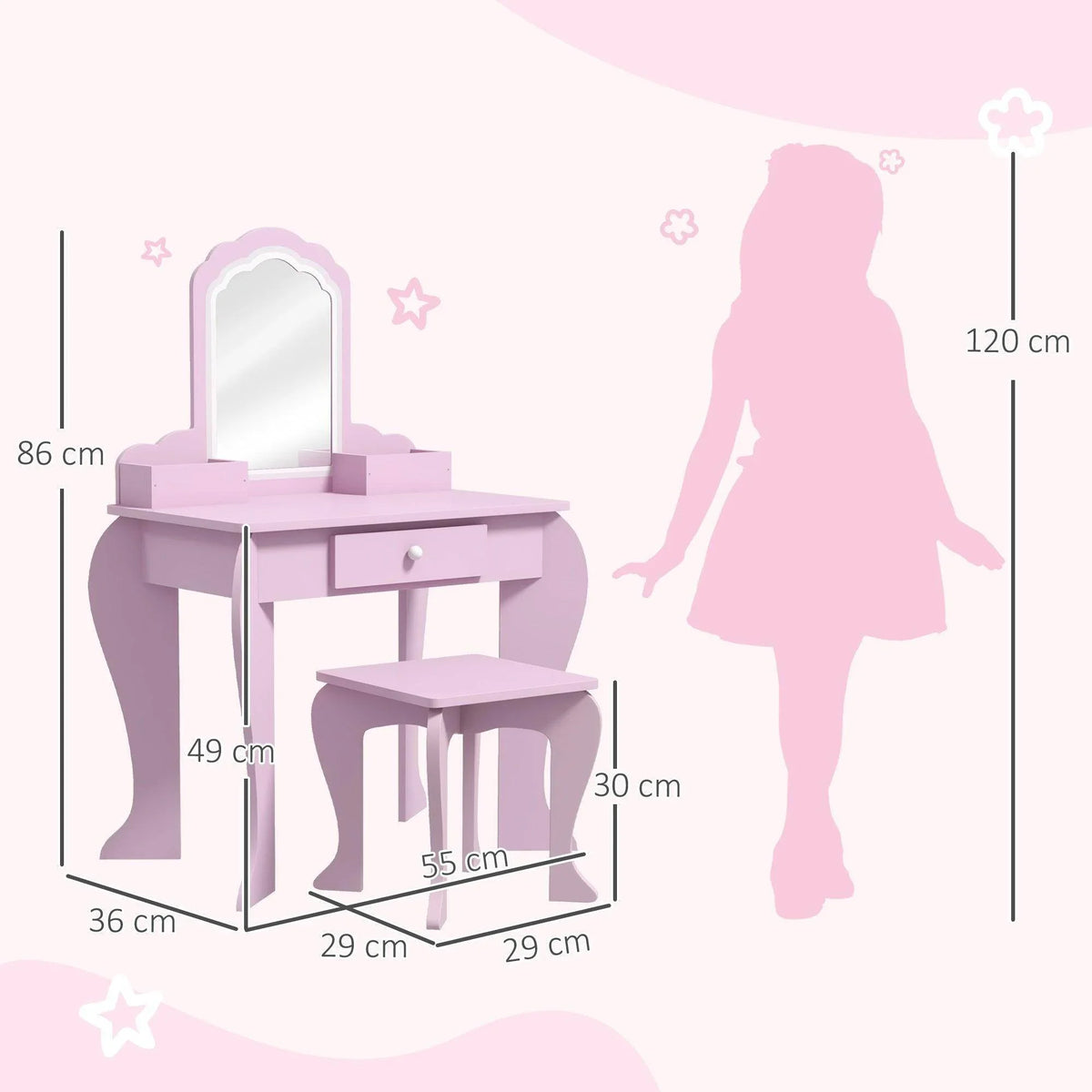 Pink kids vanity table with cloud-shaped mirror and stool, shown with size silhouette outline
