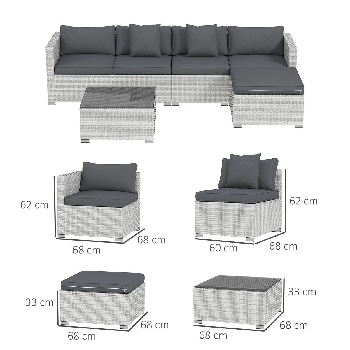 Modular corner sofa set pieces with grey cushions and white PE rattan seating blocks