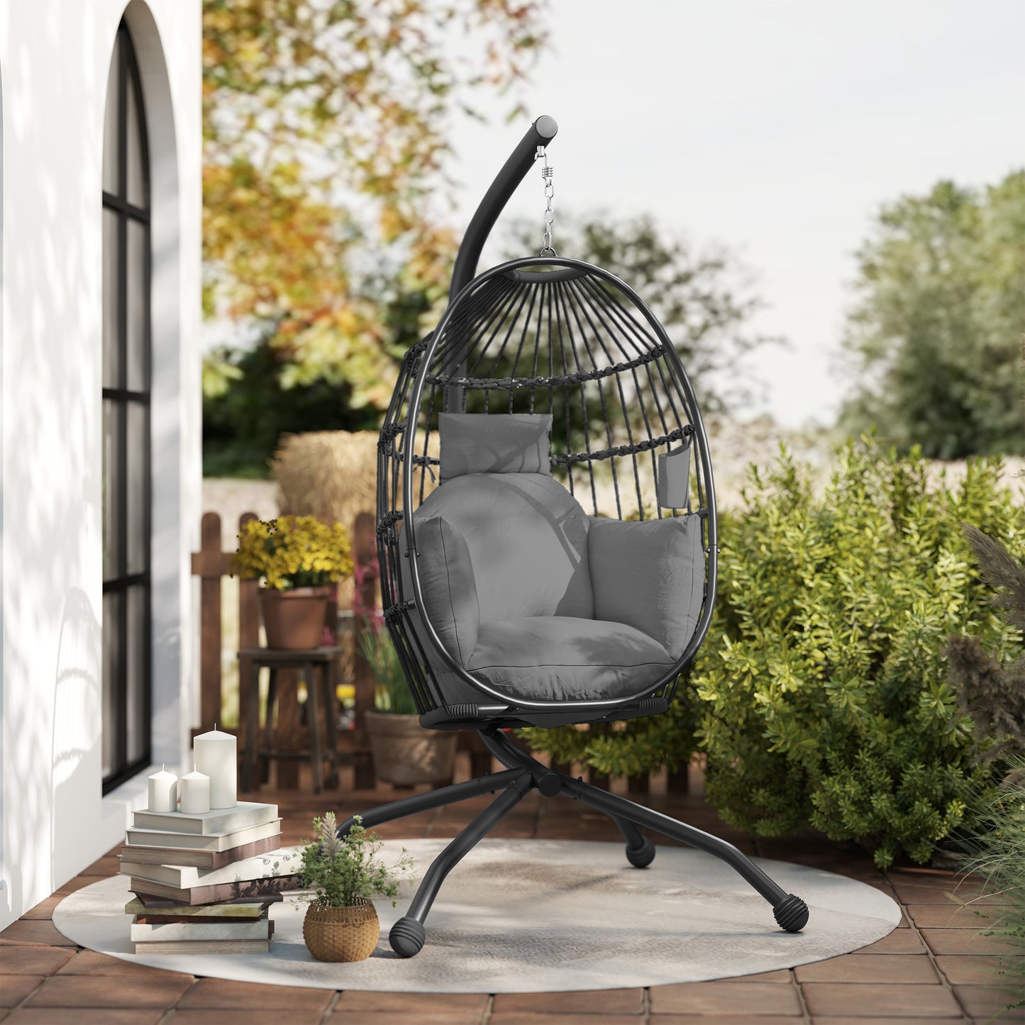 Outsunny Hanging Egg Chair With Stand For Patio Balcony Outdoor Garden Swing Thick Cushion Cup Holder Headrest Dark Grey