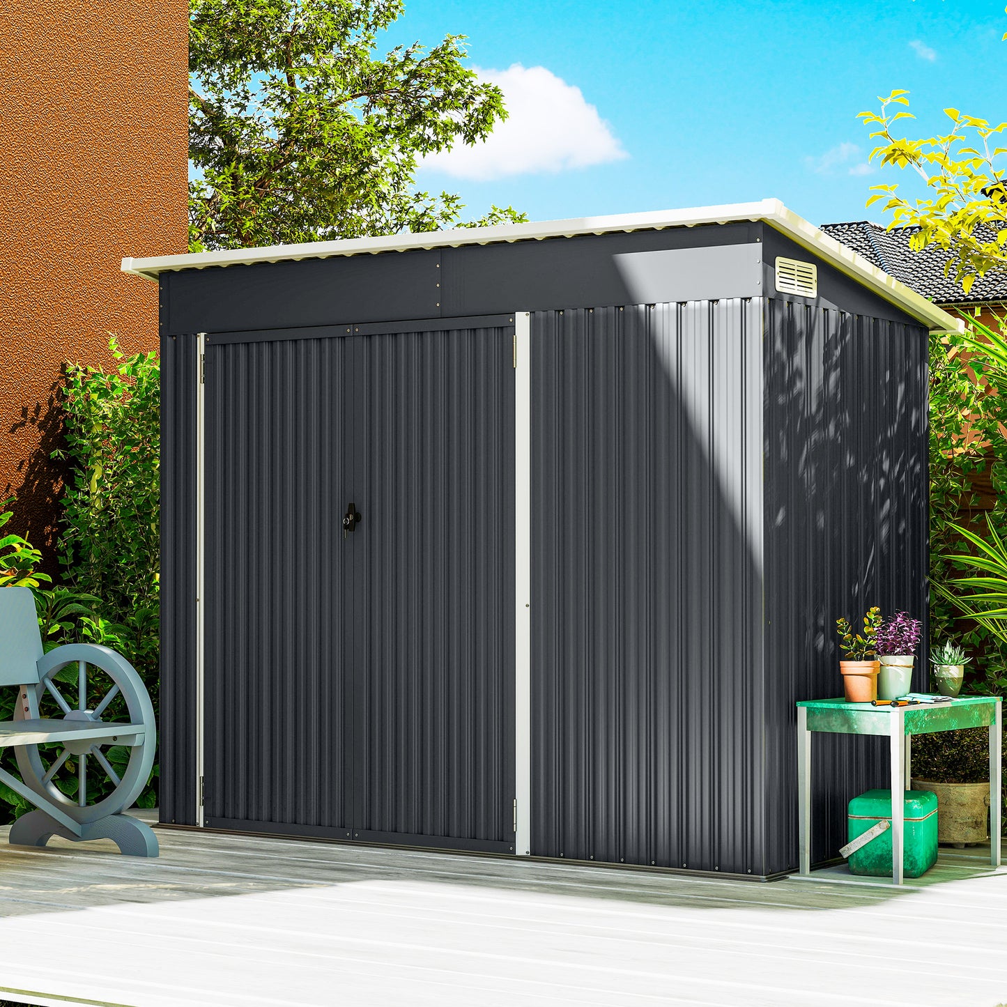 Outsunny 7.5 x 4.3ft Metal Garden Storage Shed Waterproof With Triple Lockable Doors Vents Gloves Included Dark Grey