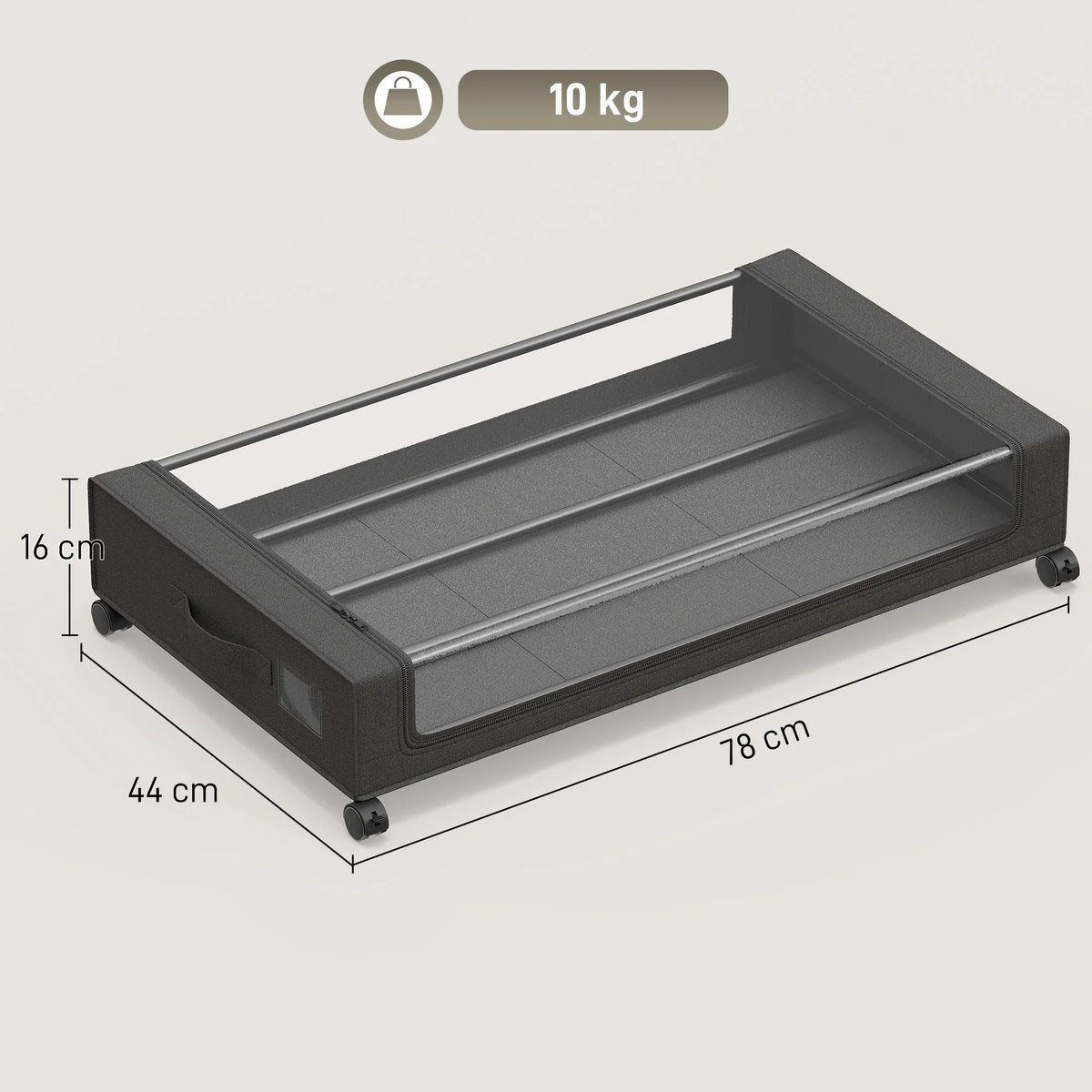 Under-bed storage drawer bin with clear lid and wheels, size view in black