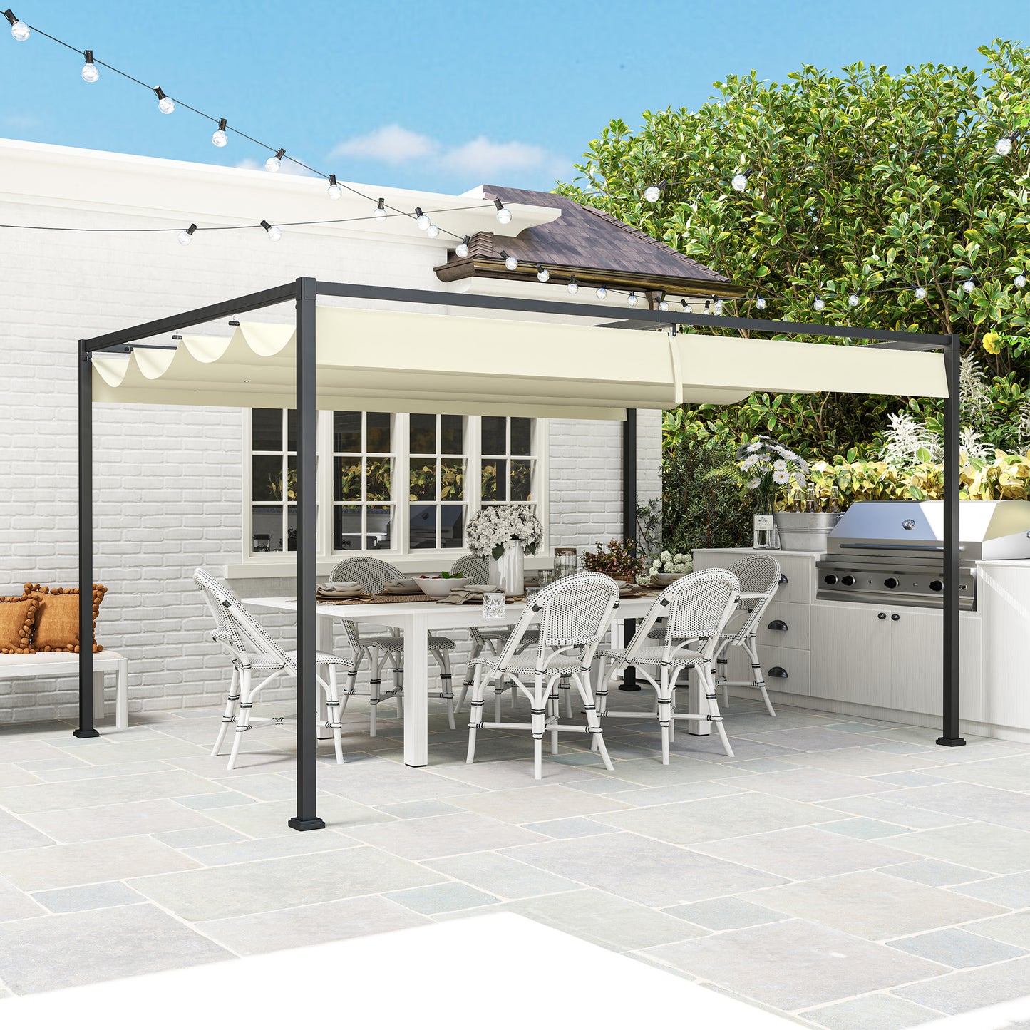 Outsunny 4 X 3 Meters Metal Pergola With Retractable Roof Cream White For Outdoor Patio Garden Gazebo Shelter