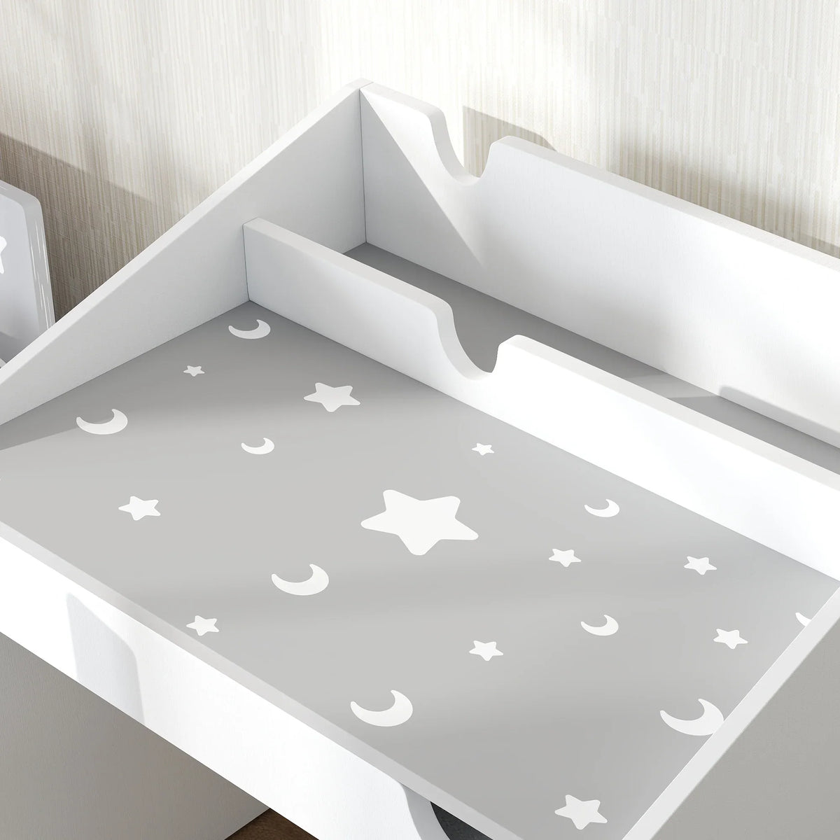 Grey kids study table top with recessed tray and star-and-moon pattern