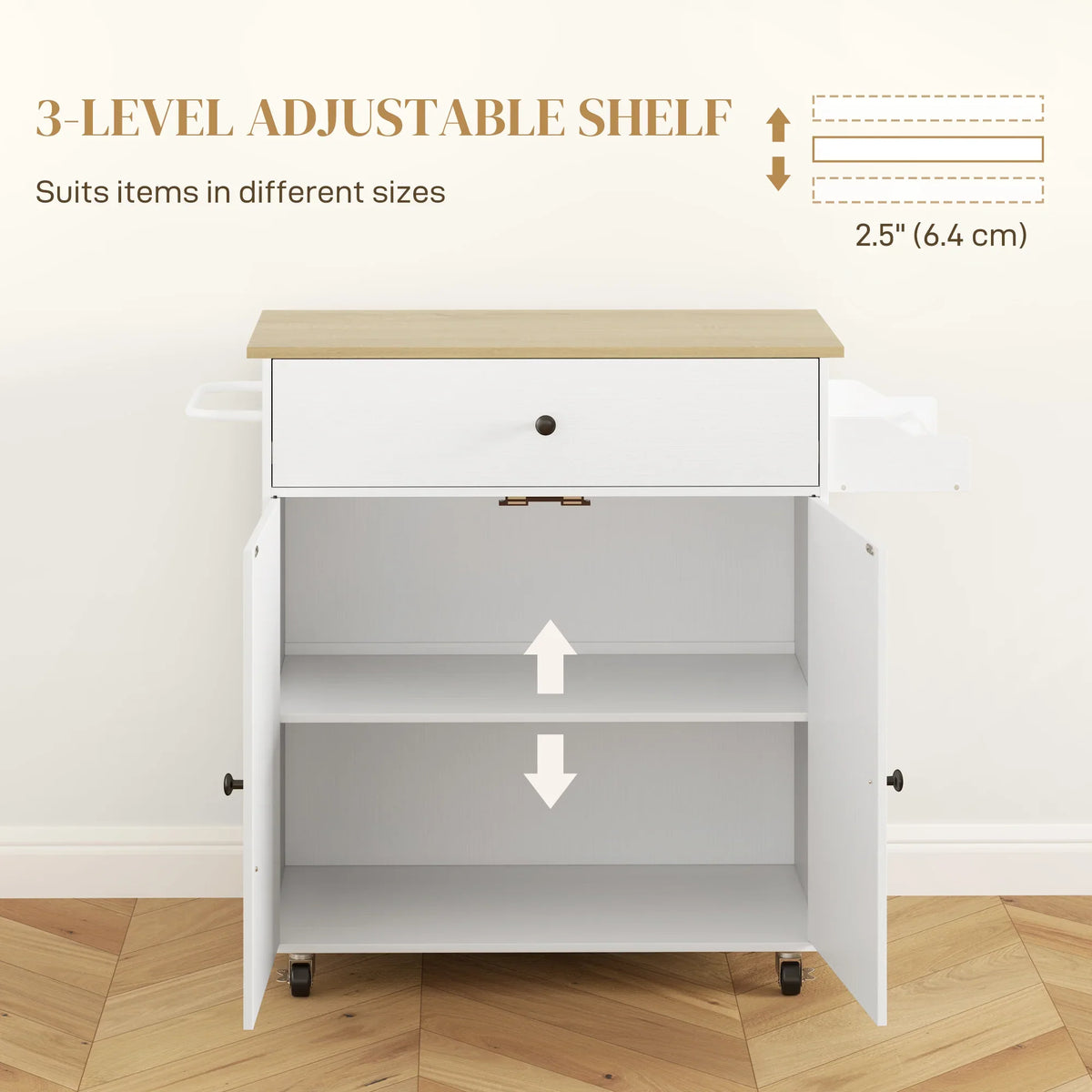 White kitchen island cabinet with 3-level adjustable shelves and pull-out drawer