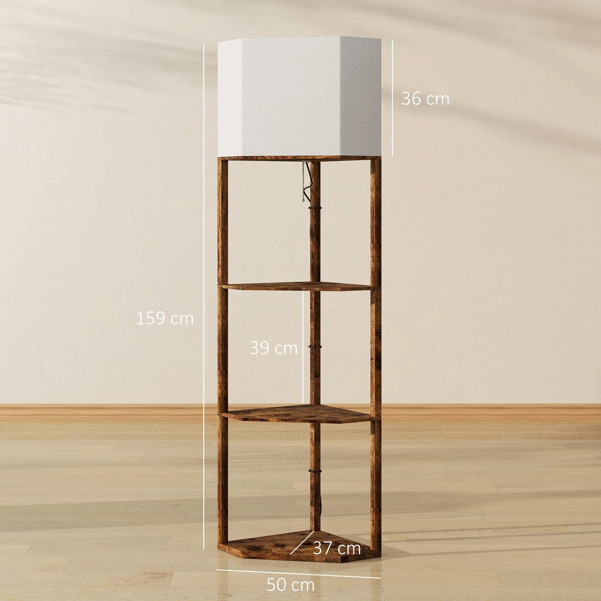Tall corner-style floor lamp with shelves, dark wood-look frame and beige fabric shade