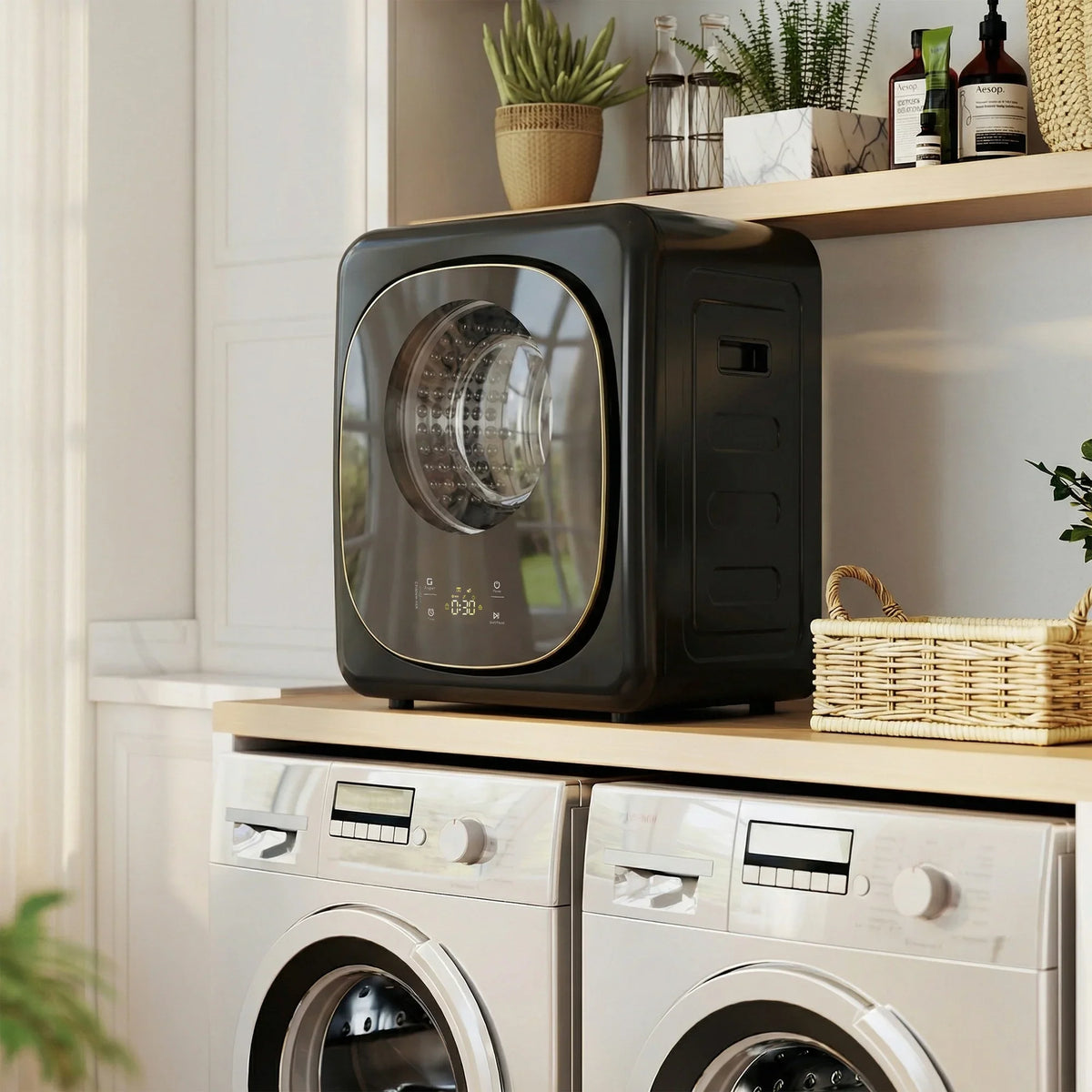 Black compact vented tumble dryer on cabinet shelf with front glass door and controls
