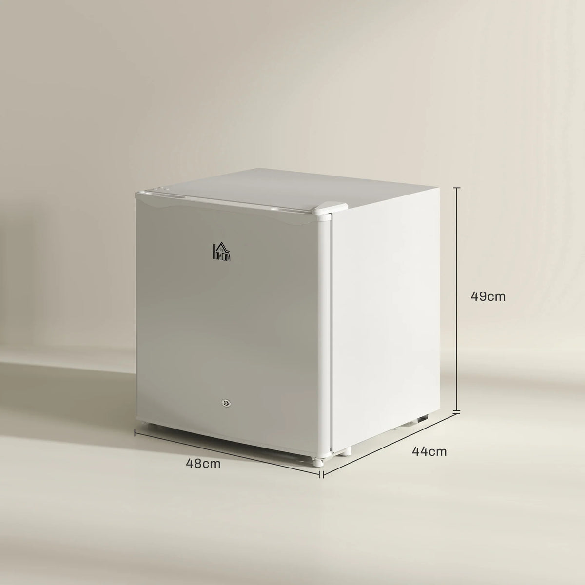 Cream white countertop lockable refrigerator, side view with size measurements.