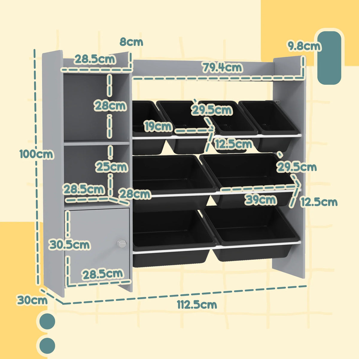 Grey storage cabinet diagram showing open compartments and 8 removable bins