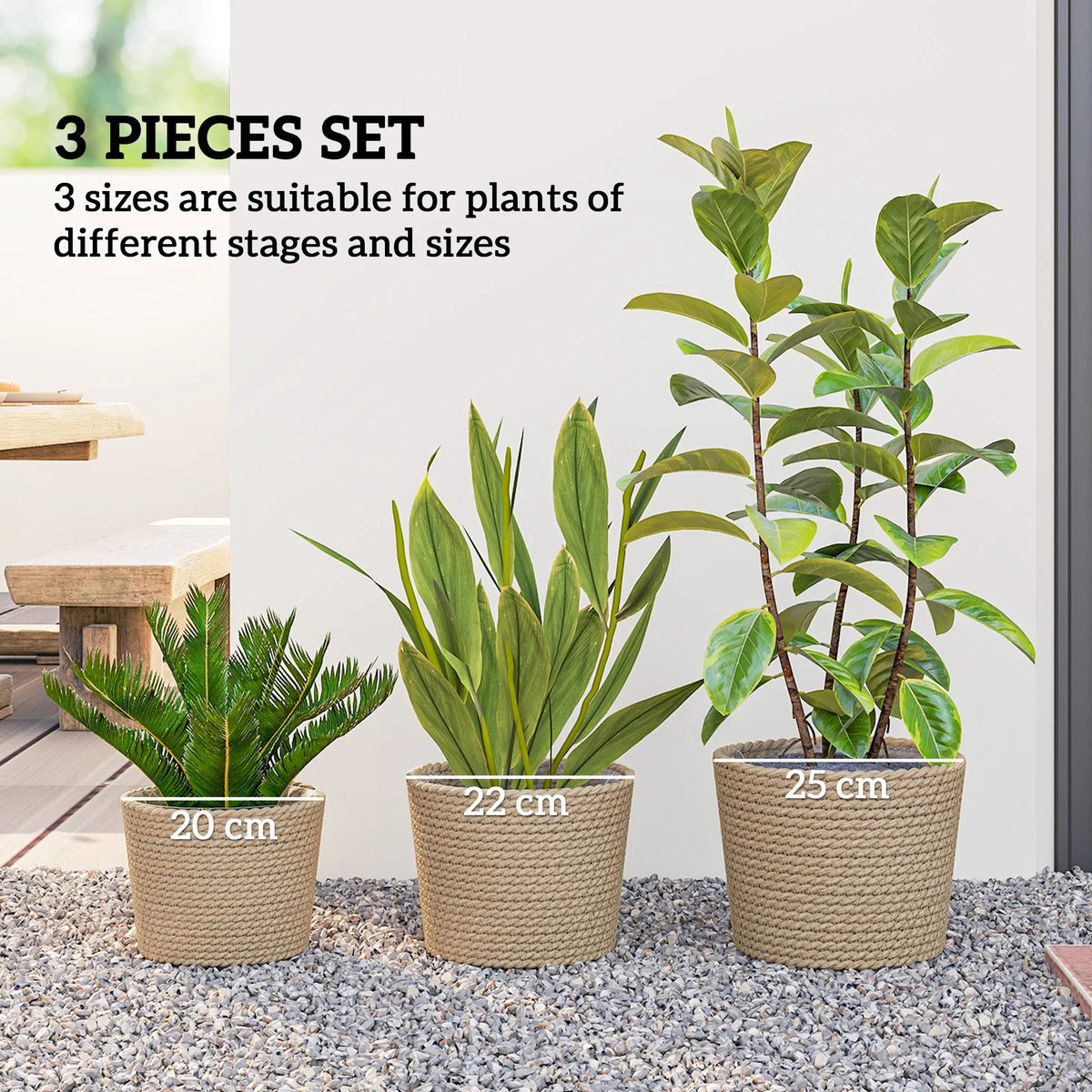 Seagrass plant pot set of three in woven natural fiber, round, with varying heights