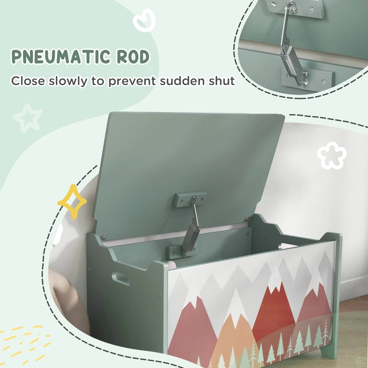 Green toy chest with mountain print and hinged lid with smooth closing rod