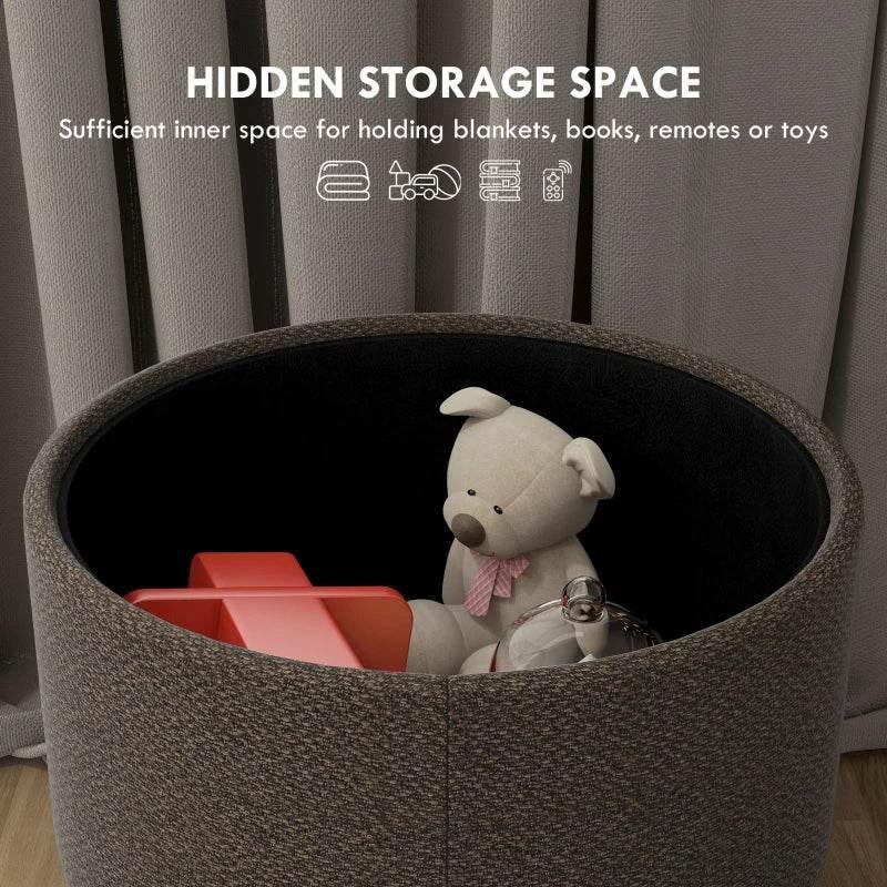 Brown round ottoman with open hidden storage compartment for small items