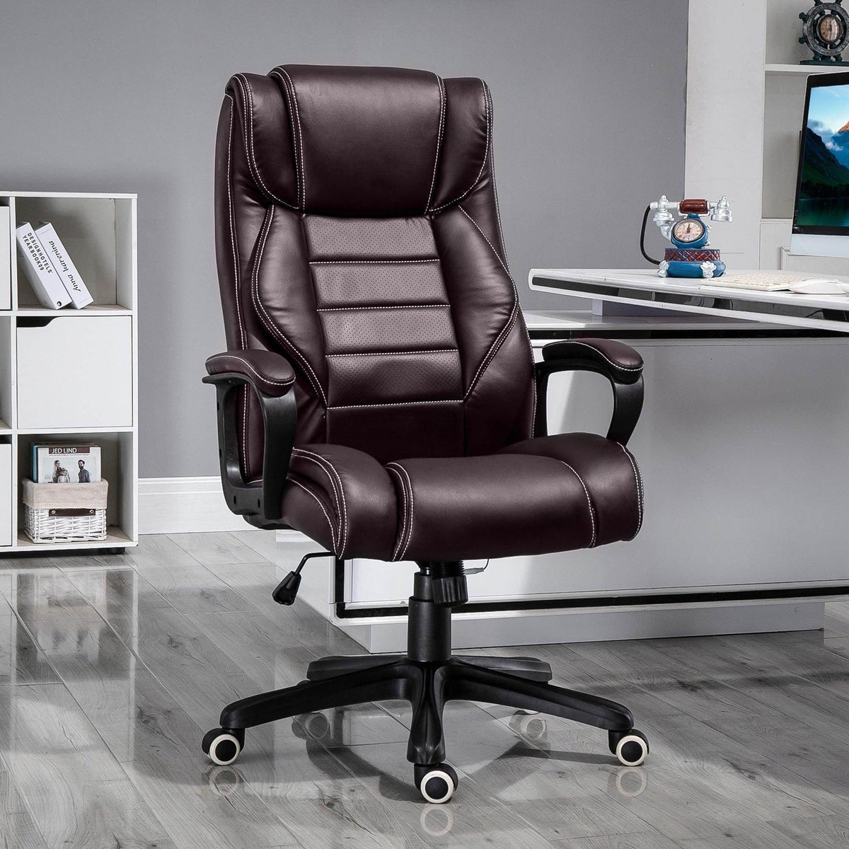 Brown faux-leather office massage chair with padded armrests and reclined backrest