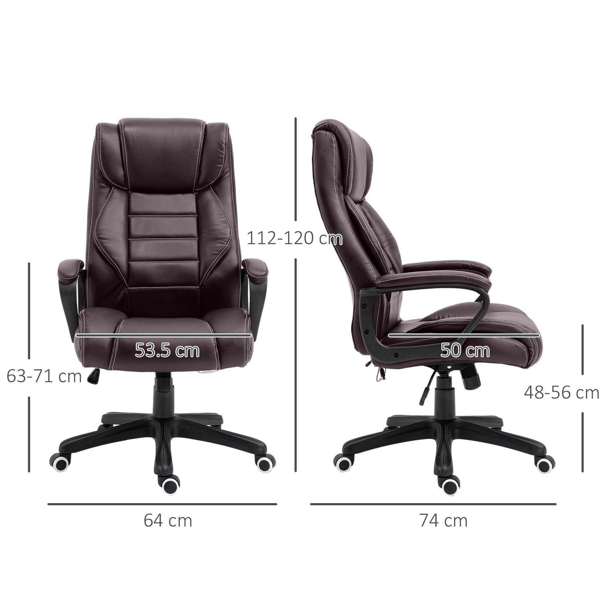 Brown office massage chair shown front and side, padded seat and armrests