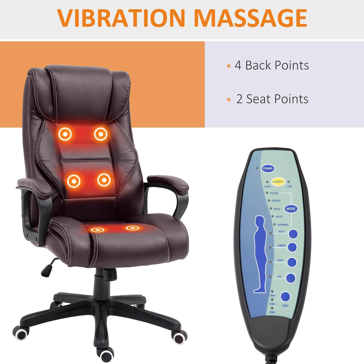 Brown office massage chair with stitched seat panels and back massage point lights