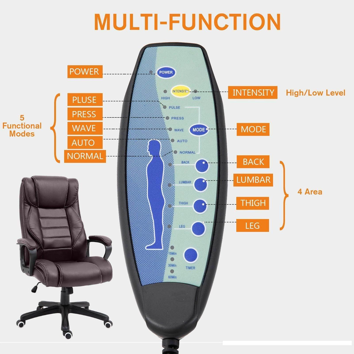 Brown office massage chair with padded backrest and seat, shown with controller panel