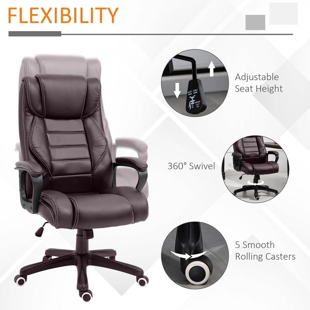 Brown office massage chair with high back, curved arms, and rolling caster base
