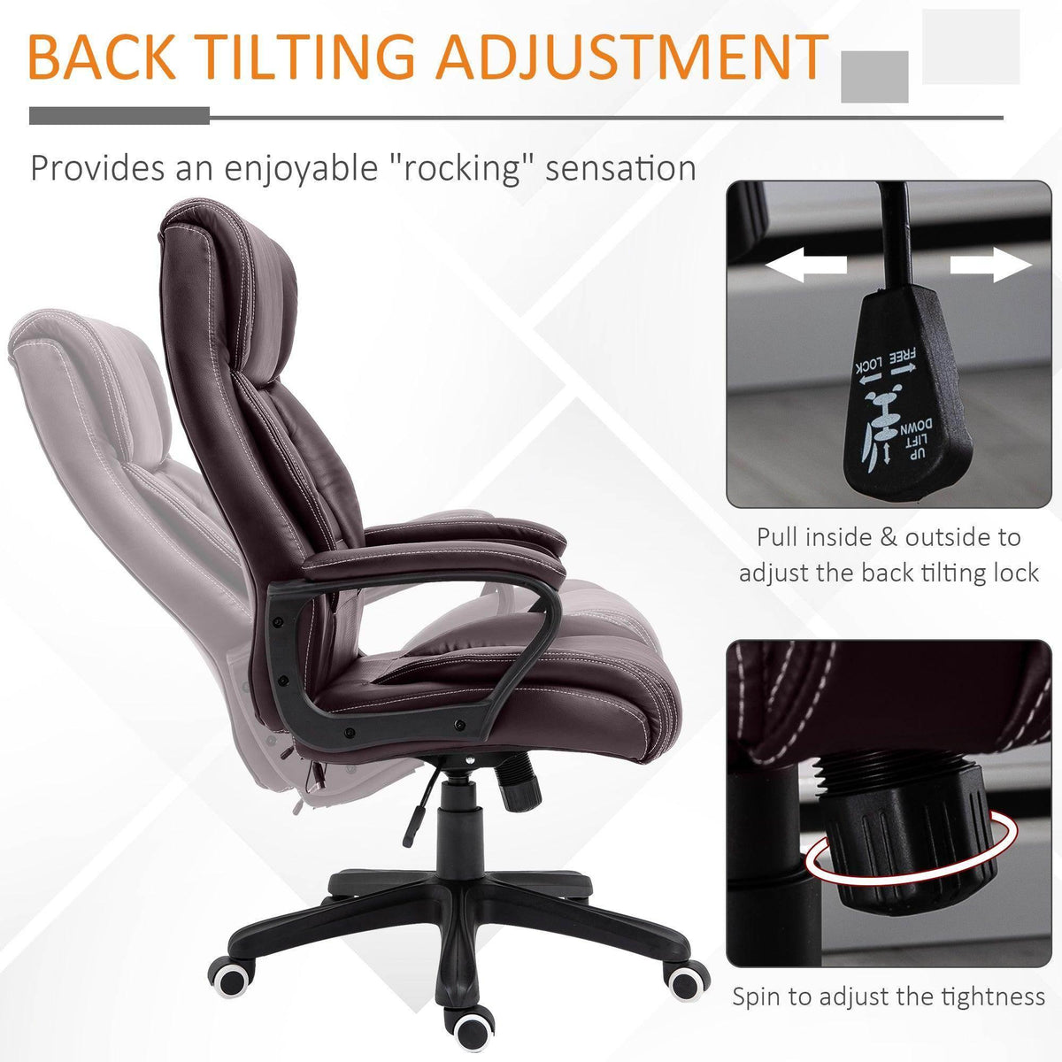 Brown office massage chair with tilting recline back support and rolling base