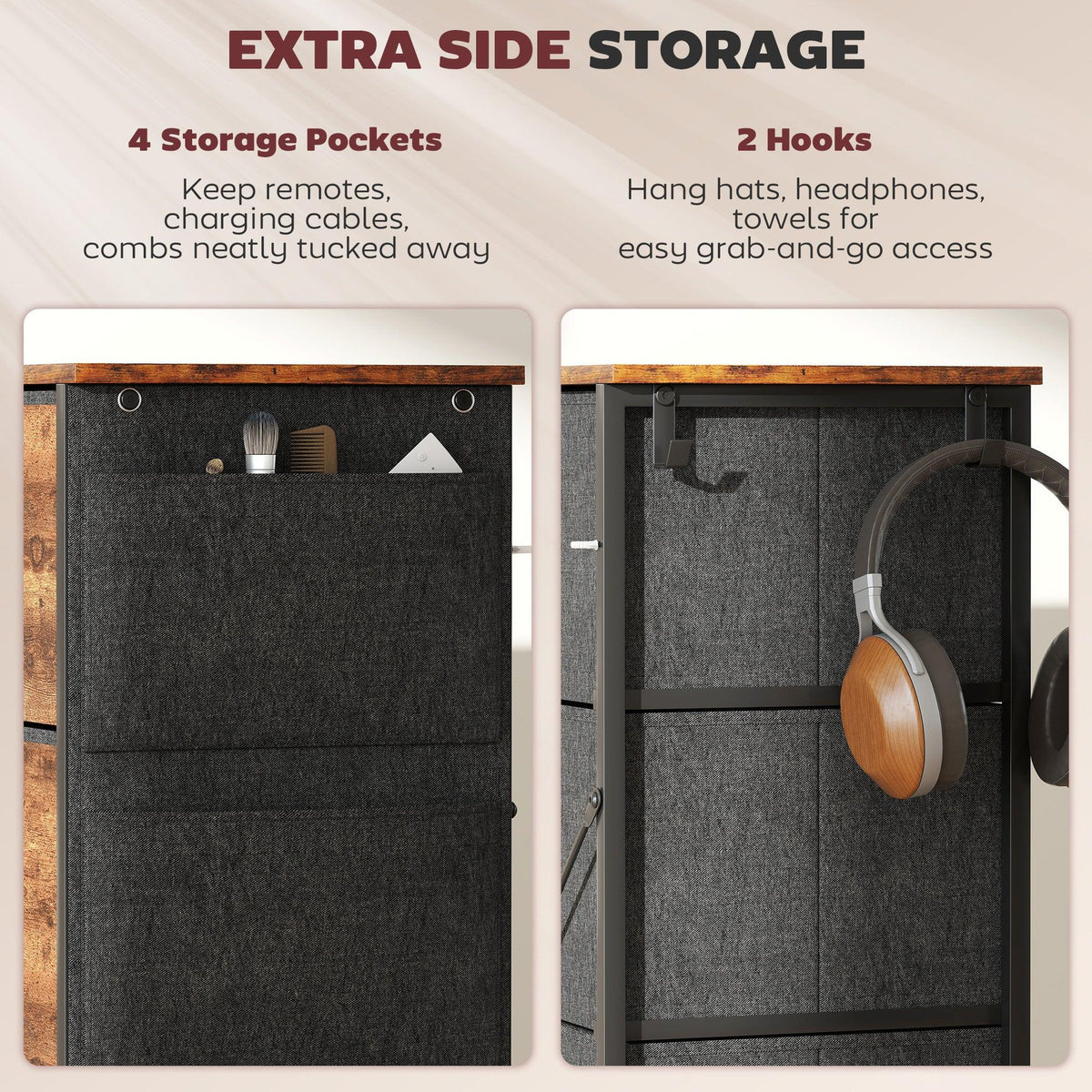 Rustic fabric drawer cabinet showing side storage pockets and hooks on dark outer panels